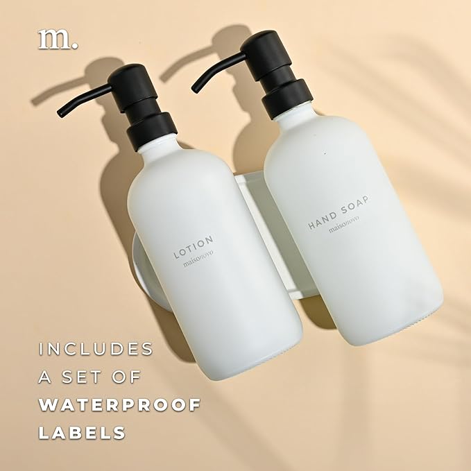 MaisoNovo Soap Dispenser 3-Piece Set | 16.9oz White Bottles with Black Stainless Steel Pump Core