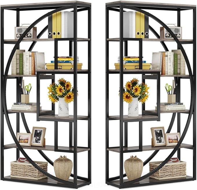 Tribesigns Bookshelf, Industrial 5-Tier Etagere Bookcase, 70.8" Tall Bookshelf with 8 Storage Shelf, Book Shelf Display Tack Shelving Unit for Home Office (Vintage Grey,2PC)