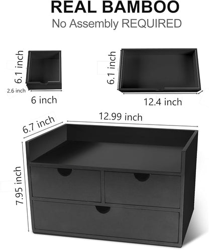 Bamboo Desk Organizer 3 Drawer with Shelf, Countertop Organizer with Drawers Makeup Storage Drawer 3 Drawers Tabletop Storage Organization Box Home Office Workspace（Black）