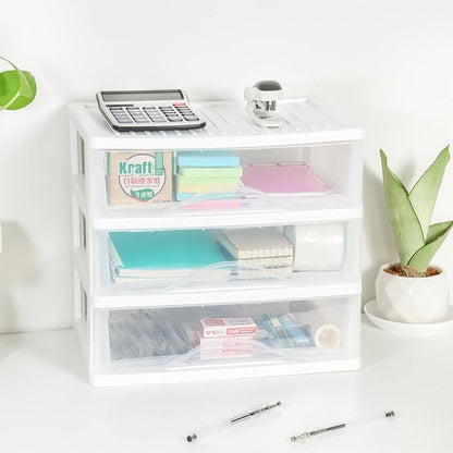 BYCY Plastic Stackable Storage 3 Drawers, White Bathroom Makeup Organizer with Wide Clear Drawers Tabletop Drawer Organizer for Desk,Easily Assemble for Fridge,Bathroom,Cabinet