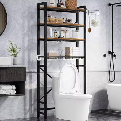 Insdiy Over-The-Toilet Storage Rack, 4 Tier Bathroom Shelf Organizer Over Toilet with Adjustable Shelves, Basket, Hooks, Paper Holder, Quick Interlock Install & Water-Resistant Shelves (Vintage Brown)