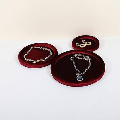 GemeShou Round Jewelry Organizer Plate, Top Microfiber Velvet Jewelry Display Tray, Empty Jewelry Showcase Tray for Necklaces, Bracelets, Rings, Earrings (Red-Medium, 7.9 x 7.9 in)