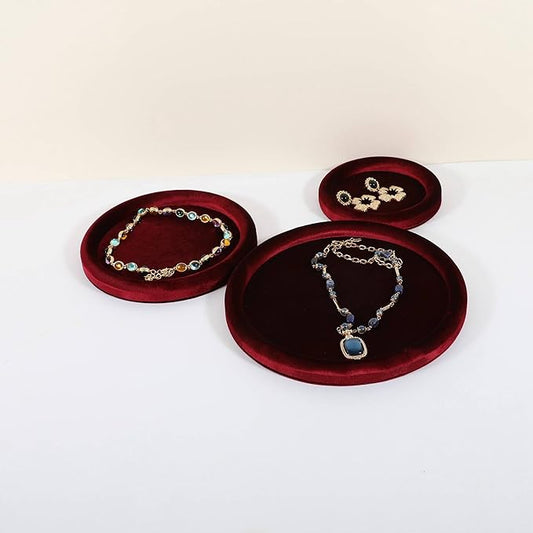 GemeShou Round Jewelry Organizer Plate, Top Microfiber Velvet Jewelry Display Tray, Empty Jewelry Showcase Tray for Necklaces, Bracelets, Rings, Earrings (Red-Medium, 7.9 x 7.9 in)