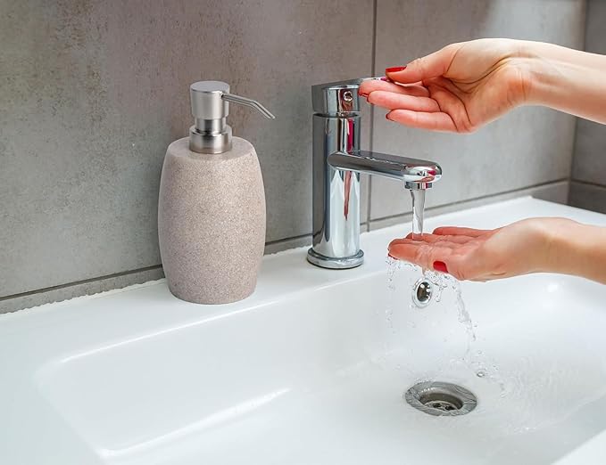 Clasin Home Sandstone Textured Resin Soap Dispenser with Metallic Pump and Waterproof Bottle Labels for Bathroom Kitchen Dish Hand Wash Shower Lotion Shampoo, 12 Oz, 2 Sets Beige