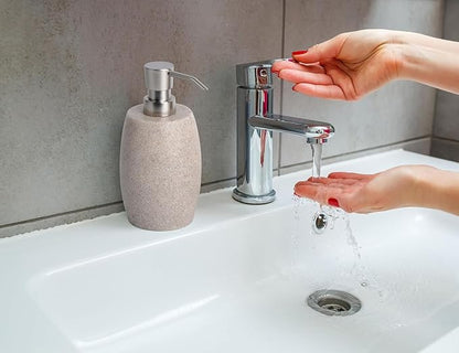 Clasin Home Sandstone Textured Resin Soap Dispenser with Metallic Pump and Waterproof Bottle Labels for Bathroom Kitchen Dish Hand Wash Shower Lotion Shampoo, 12 Oz, 2 Sets Beige