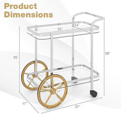 Tangkula Bar Cart for The Home, 2-Tier Rolling Tempered Glass Serving Cart, 2 Large Gold Aluminum Wheels & 2 Casters, Handle, Stainless Steel Frame, Modern Wine Cart for Kitchen Dining Room
