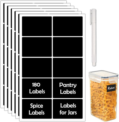 180Pcs Chalkboard Labels for Jars, Waterproof Reusable Blackboard Stickers with 1 Liquid Chalk Markers, Kitchen Organization Labels Removable (Black, Rectangle)