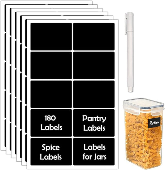 180Pcs Chalkboard Labels for Jars, Waterproof Reusable Blackboard Stickers with 1 Liquid Chalk Markers, Kitchen Organization Labels Removable (Black, Rectangle)