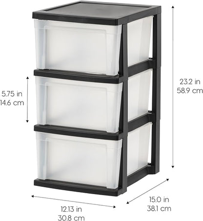 IRIS USA Plastic Drawer Storage Organizer, 3-Drawers, 2-Pack, for Classroom Art Craft Supplies, Bathroom Bedroom, Laundry Room, Black/Clear