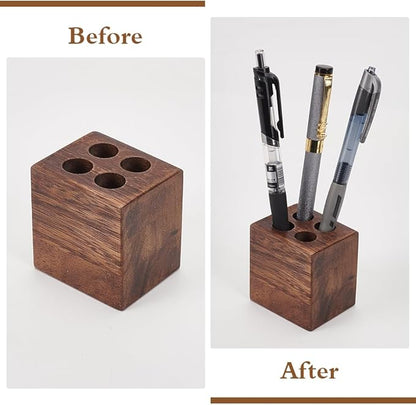 MAYJOYDIY Cuboid Wooden Walnut Pen Holder with 4 Round Holes Stylish Vintage Desk Organizer Pencil Holder Fountain Pen Tray for Home Office Classroom Desktop Stationery Accessories
