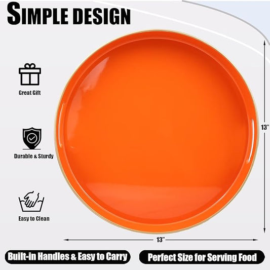 Orange Round Decorative Tray with Handles, 13" Elegant Coffee Table Serving Tray for Ottoman Living Room, Bathroom, Outdoors, Breakfast