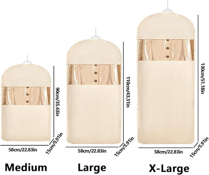 Space Saving Hanging Garment Bag with Self Compression Zipper，Dust Cover Clothes Bags for Down Coat,Dress,Suit，Closet Storage Organizer for Home Travel Use (Beige, M+L+XL)