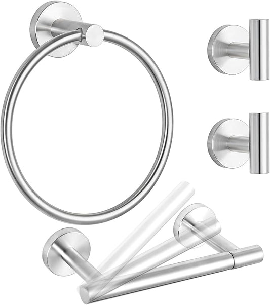 CozyTower Brushed Steel Quick Reload Toilet Paper Holder Wall Mount, SUS304 Stainless Steel Double Post Pivoting Tissue Roll Holder Hand Towel Holder Ring Wall Hook Bathroom Hardware Accessories Set