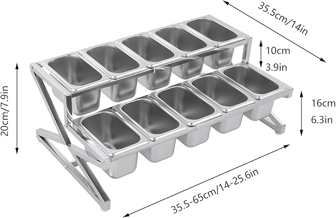 LIYABIN Expandable Stainless Steel Spice Rack Organizer with 10 (1.59 Qt) Lidded Pans, Adjustable 14-25.6 Inch 2-Tier Shelf for Kitchen Counter, Cabinet & Commercial Use
