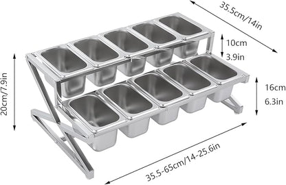 LIYABIN Expandable Stainless Steel Spice Rack Organizer with 10 (1.59 Qt) Lidded Pans, Adjustable 14-25.6 Inch 2-Tier Shelf for Kitchen Counter, Cabinet & Commercial Use