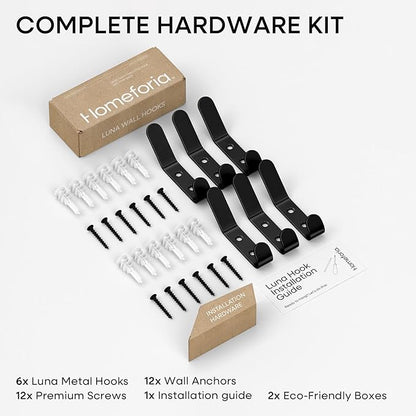Homeforia Wall Coat Hook Rack - Set of 6 - Black Metal Hooks for Hanging Coats - Hat Hooks - Hat Hangers for Wall