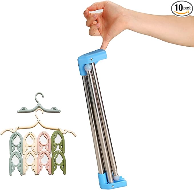 Portable Garment Rack Extra Compact and Lightweight, Foldable Mini Drying Clothe Rack for Travel, Camping, Laundry, Dance, Indoor, Outdoor (Enhanced (Longer & Thicker) + 10 Foldable Hangers)