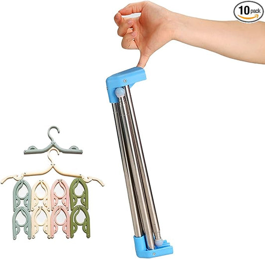Portable Garment Rack Extra Compact and Lightweight, Foldable Mini Drying Clothe Rack for Travel, Camping, Laundry, Dance, Indoor, Outdoor (Enhanced (Longer & Thicker) + 10 Foldable Hangers)