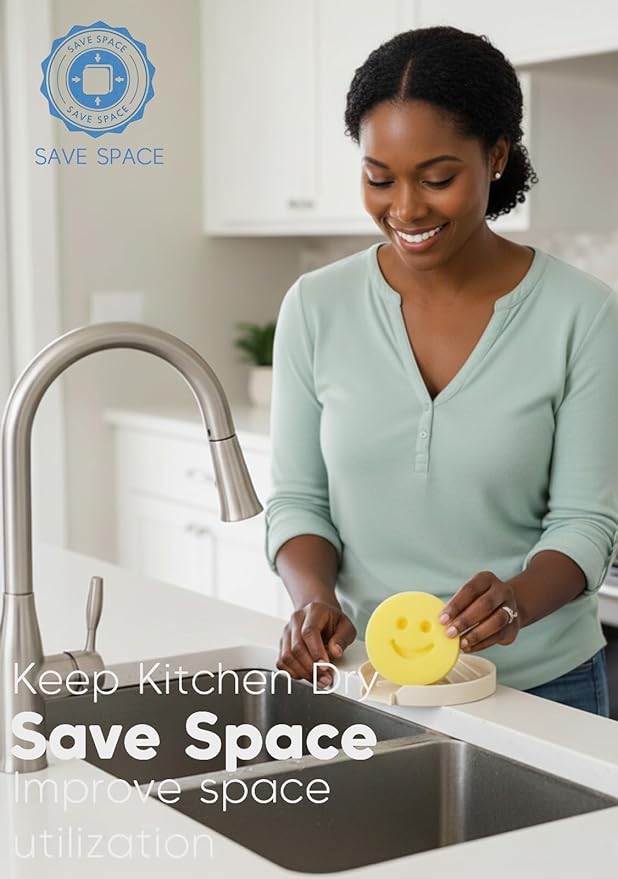JIEFANYU Holder for Scrub Daddy, Thinnest Build to Last Sponges Holders, Durable Smiley Face Sponge Rack, Large Soap Dish & Sink Caddy Organizer, Dishwasher Safe (White, 1)