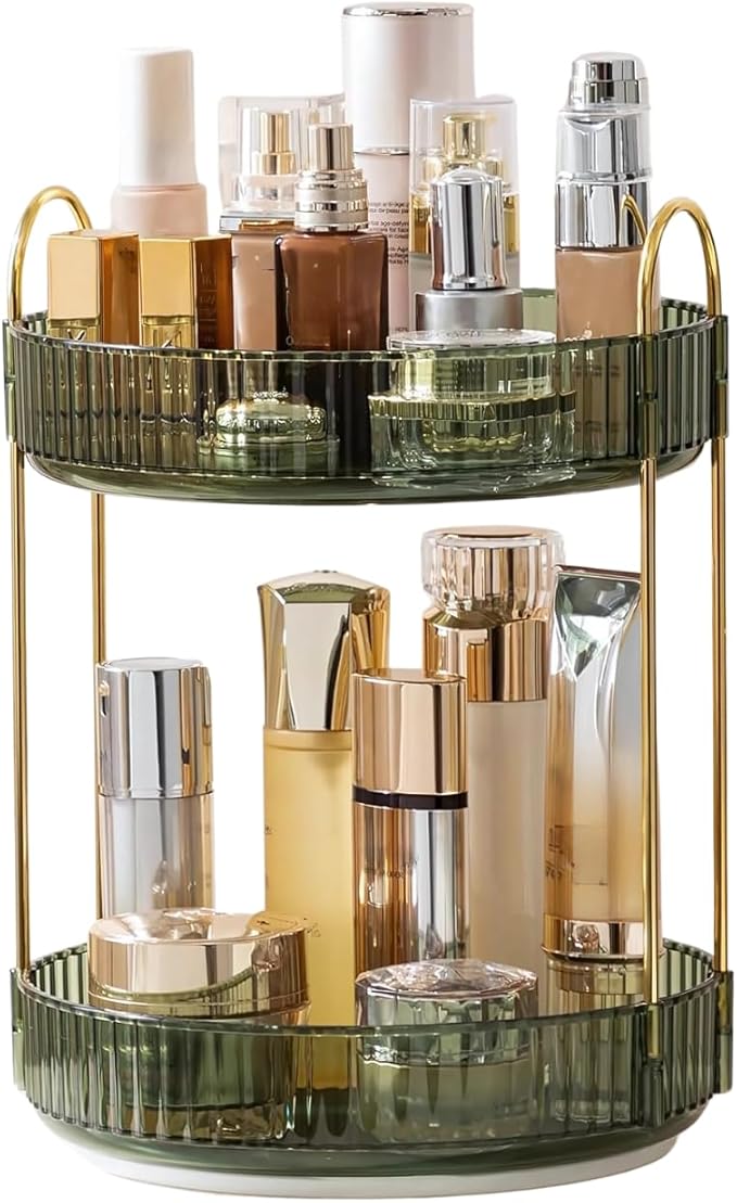 Satpurush 360° Rotating Makeup Organizer, 2 Tier Spinning Cosmetic Organizer for Vanity & Bathroom Countertop, Holds Tall Skincare Bottles, Perfume & Beauty Accessories – Clear Green