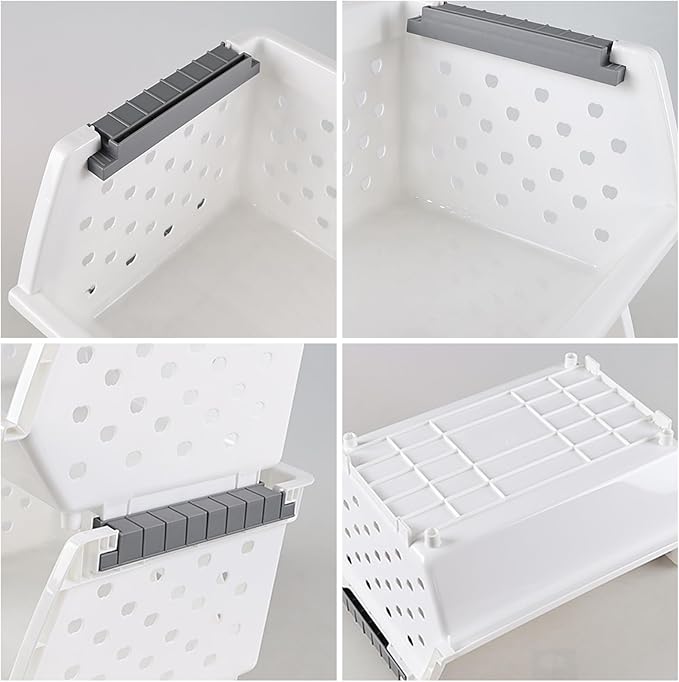 4-Pack Plastic Stackable Storage Baskets, Open Front Kitchen Organizer Basket Bin, White, F