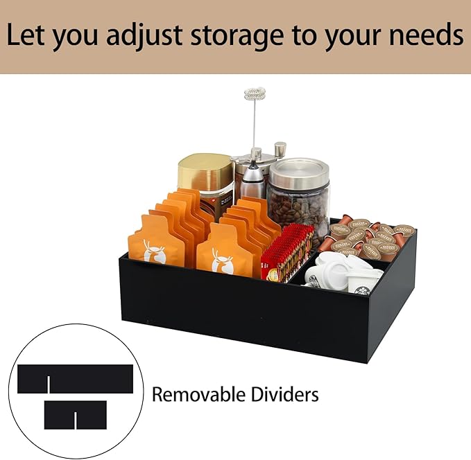 Coffee Station Organizer for Countertop, Removable Dividers Coffee Bar Accessories for Storage Sugar Packets Tea Bags, Black