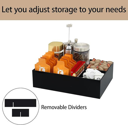 Coffee Station Organizer for Countertop, Removable Dividers Coffee Bar Accessories for Storage Sugar Packets Tea Bags, Black
