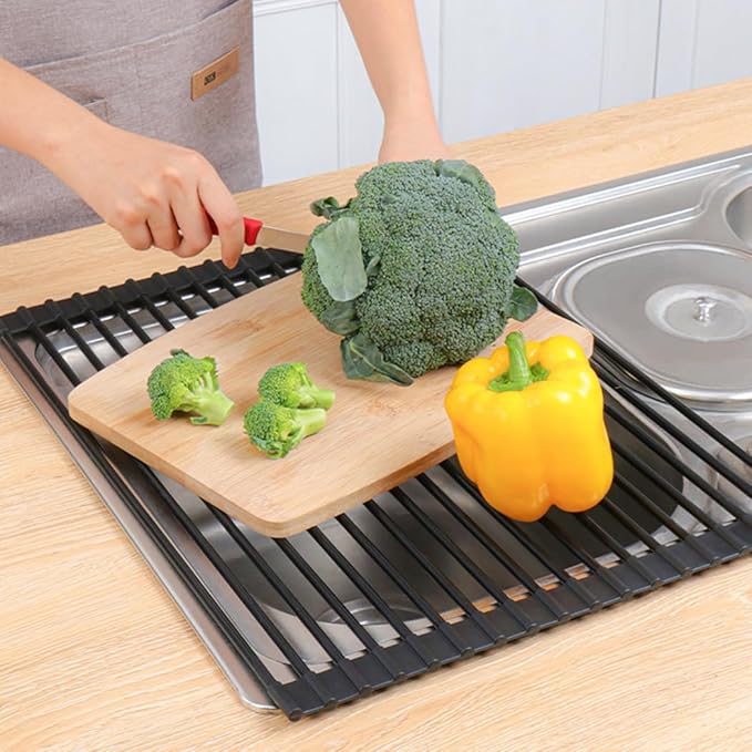 Pezixueran Roll Up Dish Drying Rack Over The Sink.Foldable Kitchen Drainer,Fully Silicone Cover Stainless Steel Bar,Heat-Resistant, Anti-Slip Sink Rack for Kitchen Counter Black,20.5 x 13 Inch