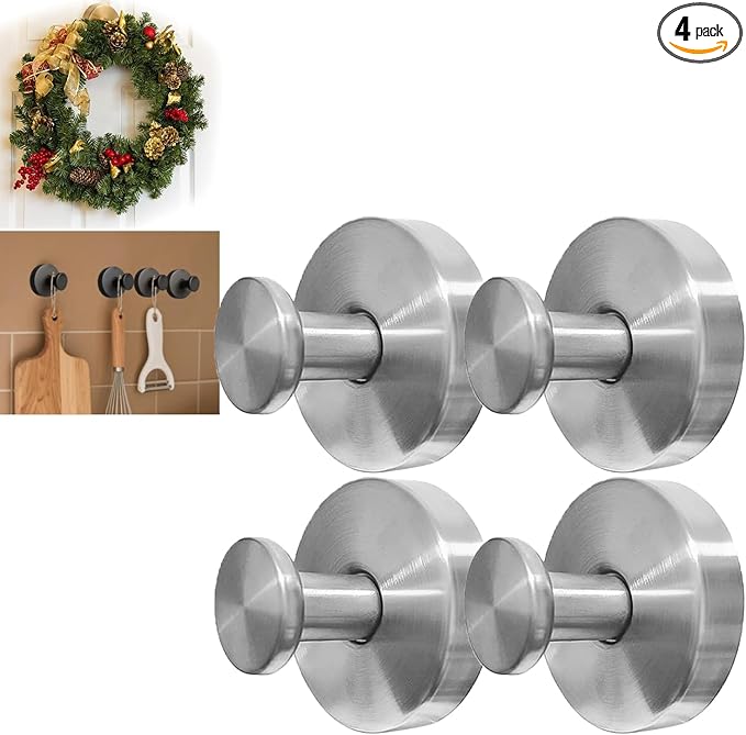 Zloeoa 4Pcs Suction Cup Hooks, Wreath Hangers for Front Door, Strong Hold No Drill Hangers for Bathroom, Kitchen, Glass, Tile, Perfect for Wreaths (Silver)