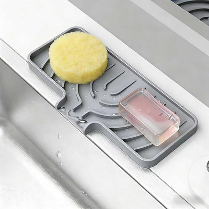 JOOKKI Sponge Holder for Kitchen Sink, Soap Tray for Sink & Counter, 9.8"×4.9" Soap Dish Mat, Silicone with Drain, Perfect for Dispenser, Scrubber, Bottle, Cup (Gray)