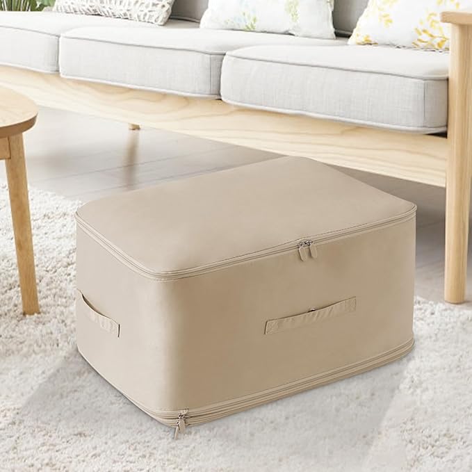 HEVOY Ultra Space Saving Self Compression Organizer, Self Compression Storage Bags, Foldable Closet Organizers Storage Tote, Moving Bag Containers with Handle for Comforters, Blankets (Beige, Medium)