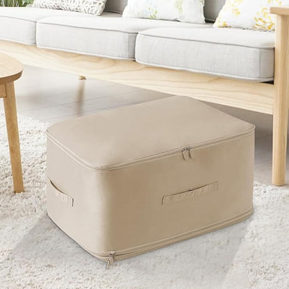 HEVOY Ultra Space Saving Self Compression Organizer, Self Compression Storage Bags, Foldable Closet Organizers Storage Tote, Moving Bag Containers with Handle for Comforters, Blankets (Beige, Medium)