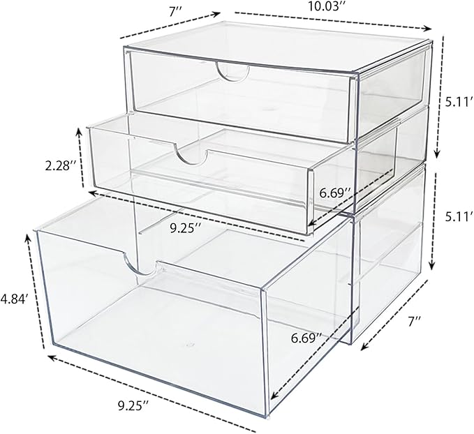 NINEWEEN Clear Desk Drawer Organizer, 2 Pack Plastic Home Office Accessories Storage Box for Marker, Cards, Stationery, Crafts, Makeup, Bathroom Supplies, Coffee Pods, Pet Snacks (3 Drawers)