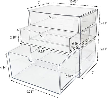 NINEWEEN Clear Desk Drawer Organizer, 2 Pack Plastic Home Office Accessories Storage Box for Marker, Cards, Stationery, Crafts, Makeup, Bathroom Supplies, Coffee Pods, Pet Snacks (3 Drawers)