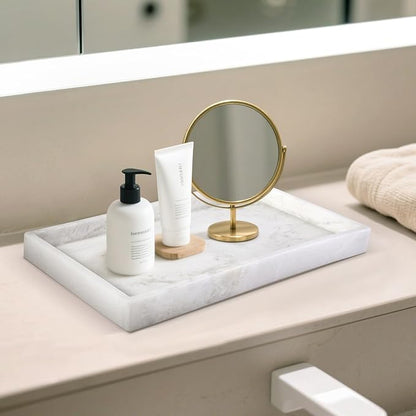 Erongoo Real Natural Marble Tray, 11.7" x 7.8" Decorative Vanity Tray for Bathroom Countertop, Kitchen Counter, or Catchall, White Coffee Table Tray for Jewelry, Perfume, Candles, Office, Home Decor