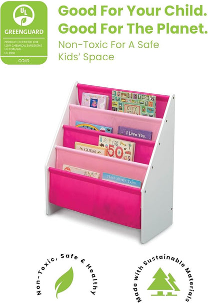 Delta Children Sling Rack Bookshelf for Kids - Easy-to-Reach Storage for Magazines or Coloring Books - Ideal for Playrooms & Homeschooling - Greenguard Gold Certified, White/Pink