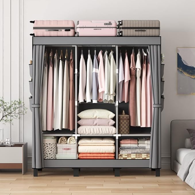 Portable Wardrobe, Clothes Organizer, Easy Hanger Wardrobe, Multiple Dividers and 3 Drawers, 6 Side Pockets Large Capacity (Grey)