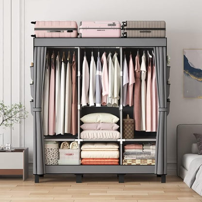 Portable Wardrobe, Clothes Organizer, Easy Hanger Wardrobe, Multiple Dividers and 3 Drawers, 6 Side Pockets Large Capacity (Grey)