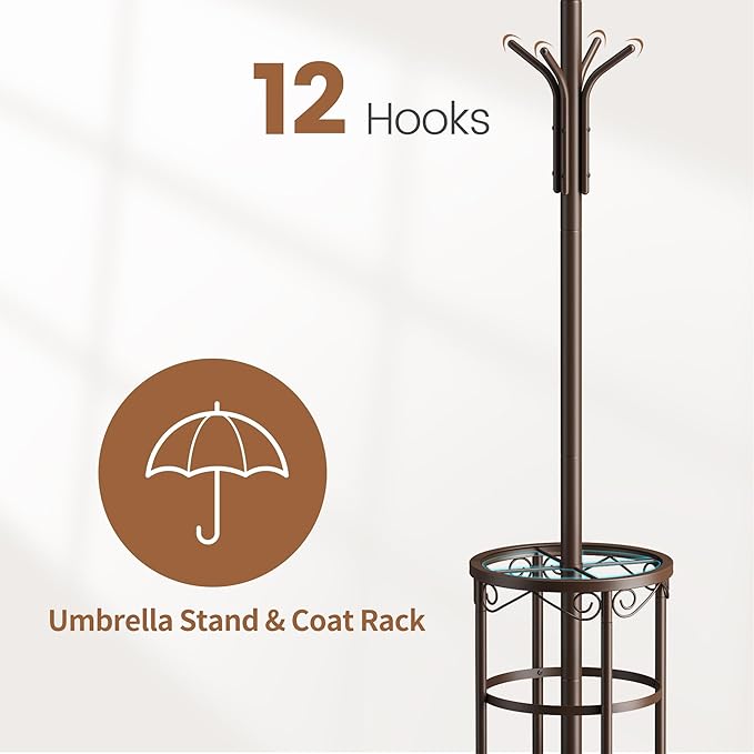 FILWH Coat Rack Freestanding with Umbrella Stand Coat Rack Stand with 12 Hooks Metal Coat Tree Coat and Hat Hanger Jacket Entryway(Brown)
