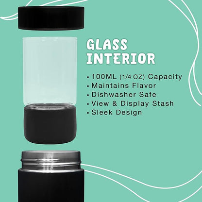 Mini Airtight Storage Container - Vacuum Sealed Insulated w Nested Glass Jar - UV Protection, Temperature Controlled Stainless - Whiteboard Finish w Marker Included - 100 ml