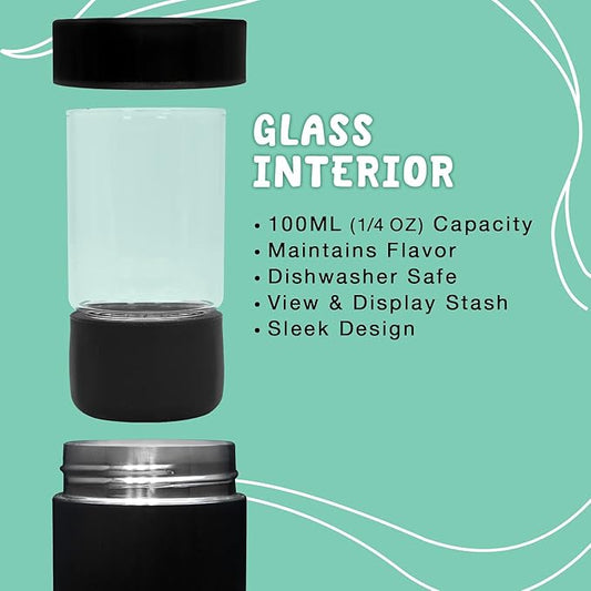 Mini Airtight Storage Container - Vacuum Sealed Insulated w Nested Glass Jar - UV Protection, Temperature Controlled Stainless - Whiteboard Finish w Marker Included - 100 ml