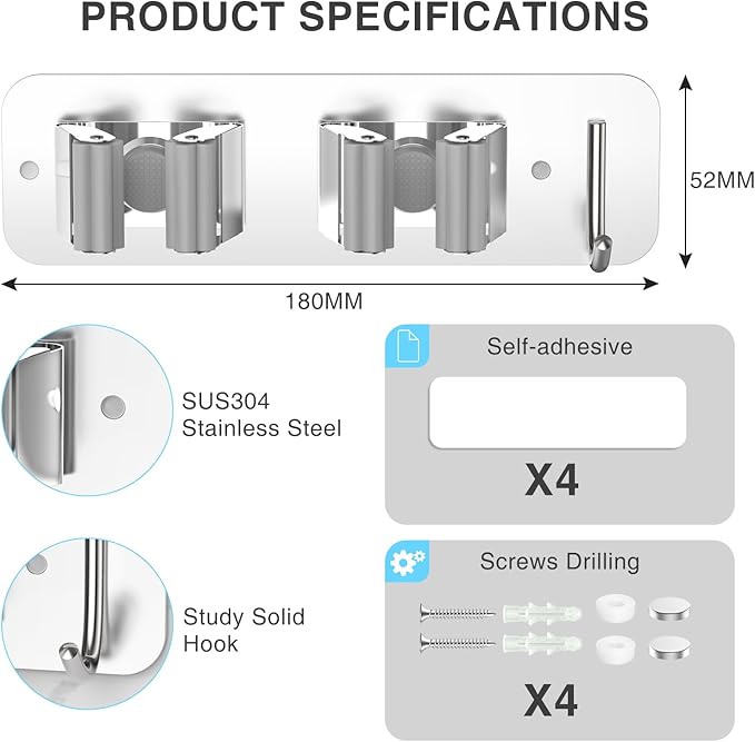Wall Mount Mop and Broom Holder, Heavy Duty Stainless Steel Organizer Rack with Hooks | 4-Pack, 2-in-1 No Drill & Screw Installation, Silver