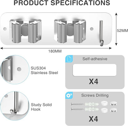 Wall Mount Mop and Broom Holder, Heavy Duty Stainless Steel Organizer Rack with Hooks | 4-Pack, 2-in-1 No Drill & Screw Installation, Silver