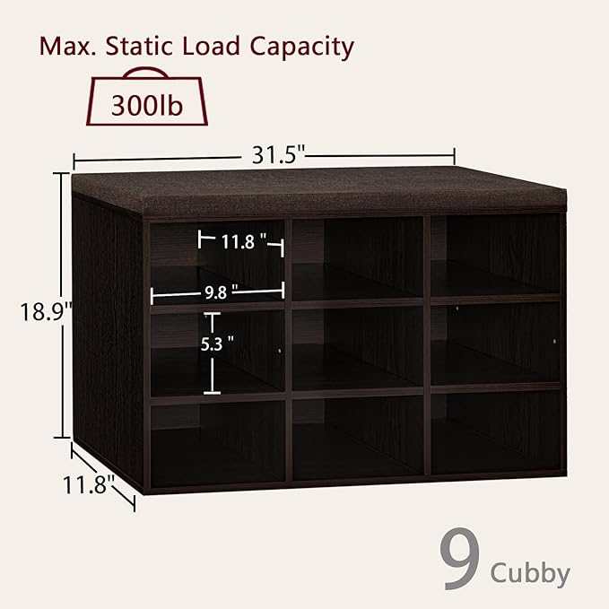 DINZI LVJ Shoe Bench, 9 Cubbies Shoe Organizer for Entryway, Storage Bench with Cushion, Cubby Shoe Rack with Adjustable Shelves for Living Room, Bedroom, Mudroom, Hallway, Espresso