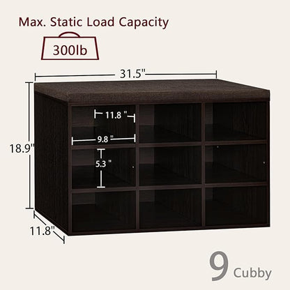 DINZI LVJ Shoe Bench, 9 Cubbies Shoe Organizer for Entryway, Storage Bench with Cushion, Cubby Shoe Rack with Adjustable Shelves for Living Room, Bedroom, Mudroom, Hallway, Espresso