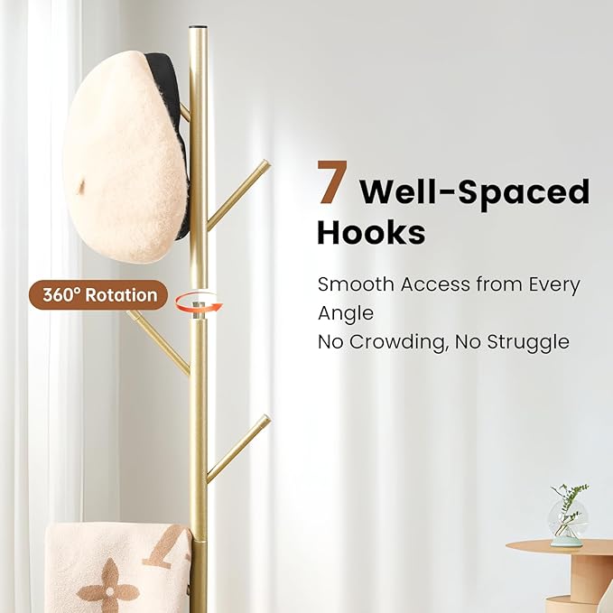 Freestanding Coat Rack with Marble Base, 4 Height Adjustable Standing Metal Coat Tree with 7 Hooks, Space-Saving Hat Clothes Coat Stand for Entryway, Bedroom, Office (Gold)