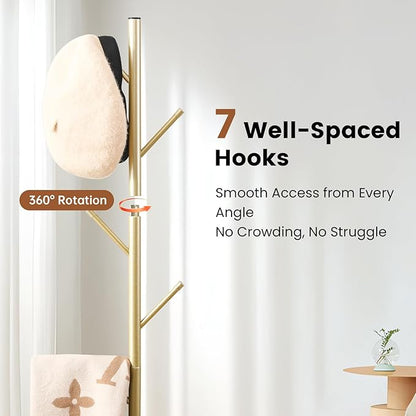 Freestanding Coat Rack with Marble Base, 4 Height Adjustable Standing Metal Coat Tree with 7 Hooks, Space-Saving Hat Clothes Coat Stand for Entryway, Bedroom, Office (Gold)