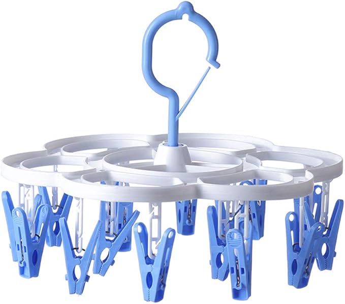 Clothespin Rack Laundry Drying Rack,Clothes Hangers with 16 Clips,Clip Hanger Drip Hanger for Drying Underwear,Baby Clothes,Socks,Bras,Towel,Pants,Hat,Scarf,Cloth Diapers,Gloves (Blue)