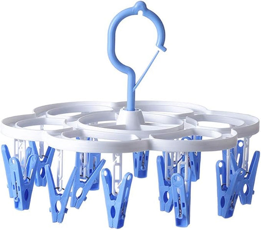 Clothespin Rack Laundry Drying Rack,Clothes Hangers with 16 Clips,Clip Hanger Drip Hanger for Drying Underwear,Baby Clothes,Socks,Bras,Towel,Pants,Hat,Scarf,Cloth Diapers,Gloves (Blue)