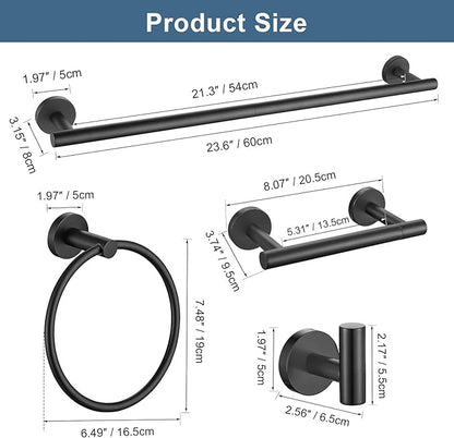 5 Pieces Matte Black Bathroom Hardware Accessories Set, Bathroom 23.6 Inch Towel Bar Set Stainless Steel Toilet Paper Holder Round Towel Racks for Bathroom Wall Mounted